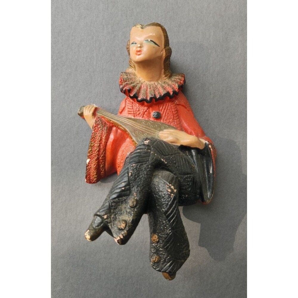 Vintage 1970s Art Deco Revival Pierrot Clown Figurine with Mandolin - Chalkware